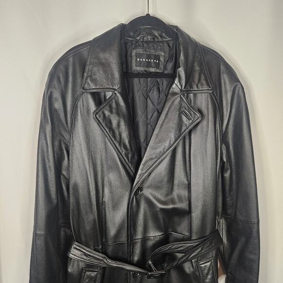 Vtg Baracuta Trench Coat Black Leather Collared Double Breasted Belt Lined Large - Picture 2 of 16